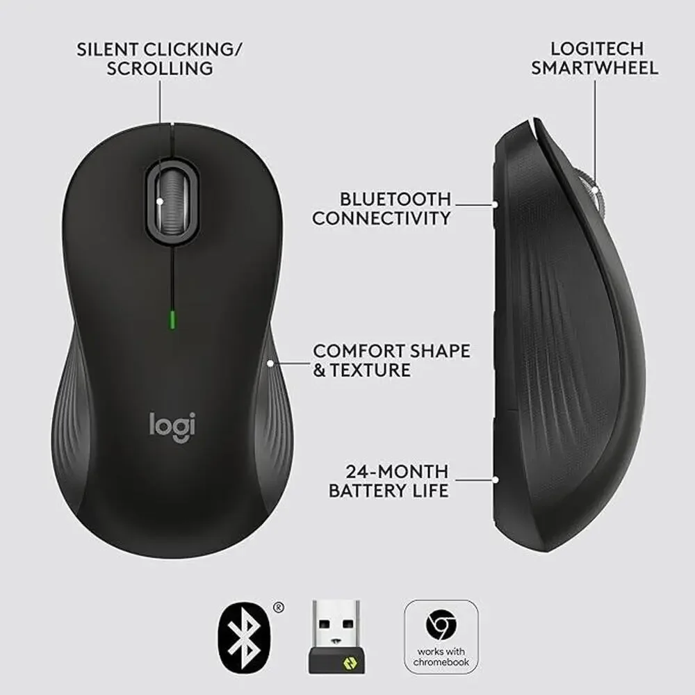 Logitech Signature 550L Wireless Mouse (Black) Bluetooth, USB - For Large Hands